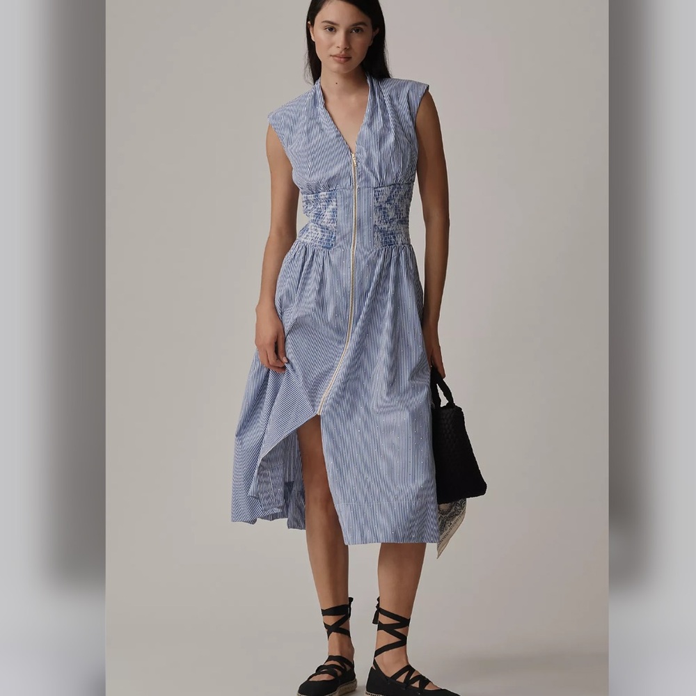 The Tommie Cap-Sleeve Smocked Front-Zip Shirt Dress: Shine Edition